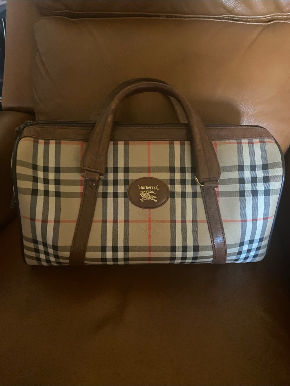 Burberry Beige Nova Check Leather Trim Overnight Bag